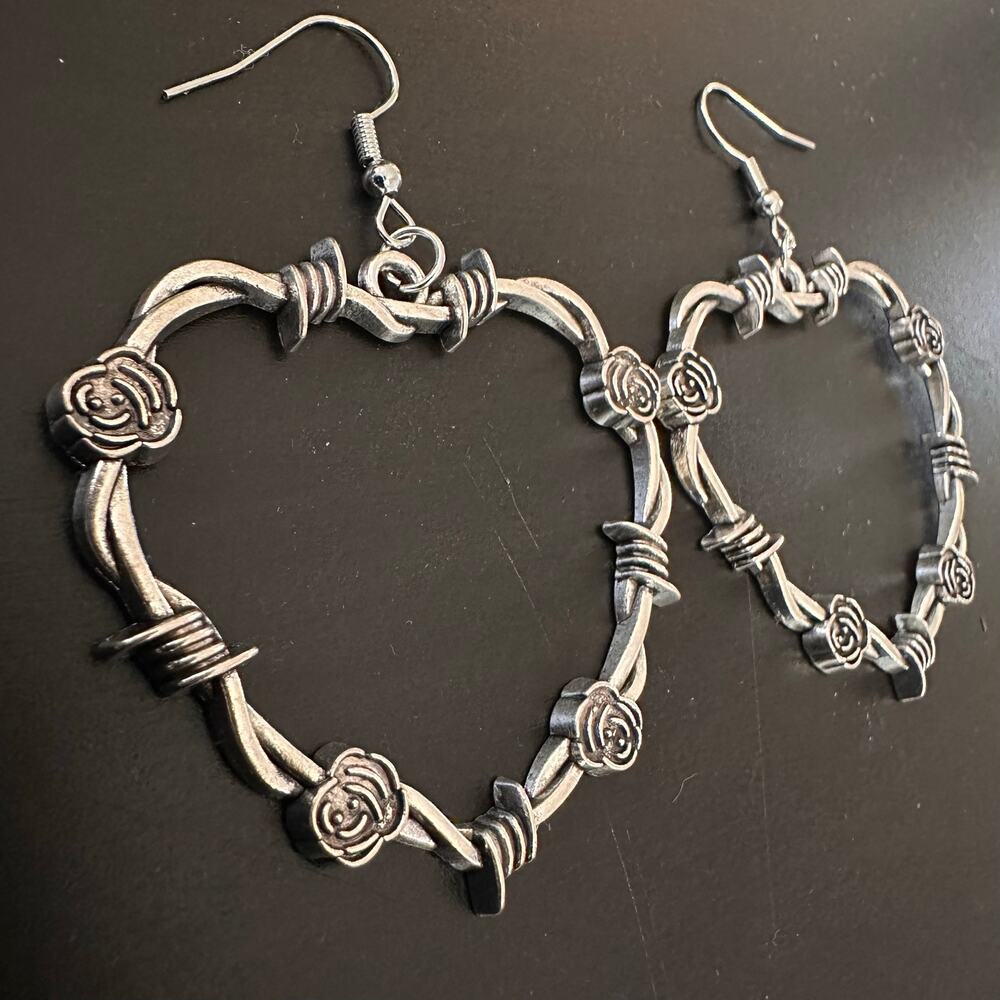 Gothic Punk Barbed Wire Rose Heart Silver Tone Earrings